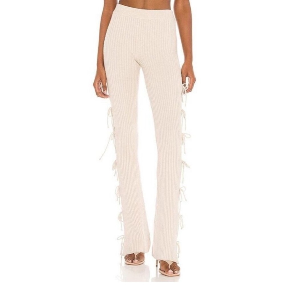DANIELLE GUIZIO OAT BEIGE RIBBED KNIT SIDE TIE PANTS SMALL